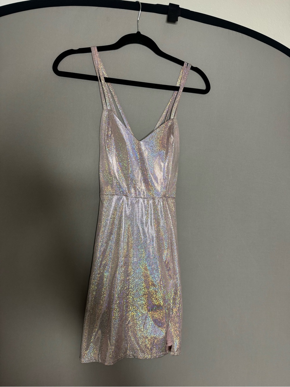 Holographic V-Neck Mini Dress in Iridescent Pink